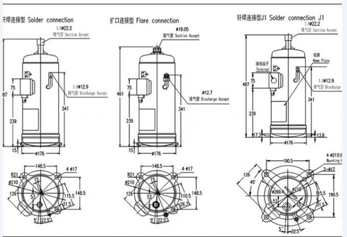 R410A Hitachi Scroll Compressor , hermetic refrigeration compressor E605DH-59D2YG with 60020BTU / H 4